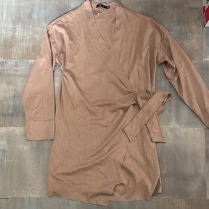 Doe & Rae Tan Mini Wrap Dress